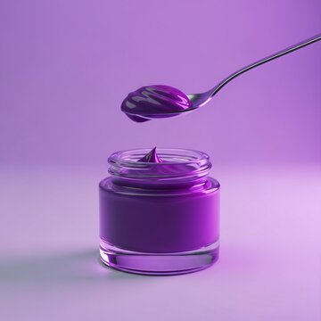 A spoon holds a purple mockup of skincare product over an open jar on a clean surface with a smooth background.