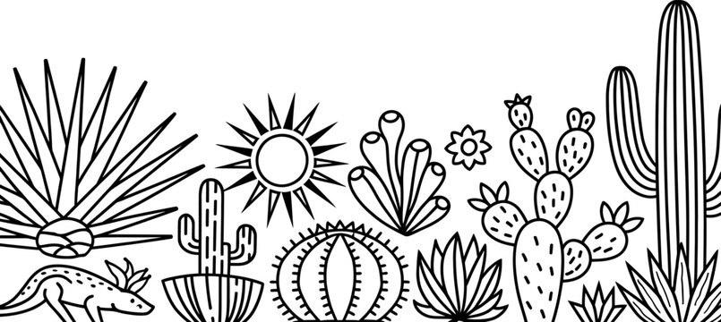 Desert plants and sun in a simple line art border design cactus agave