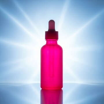 A mockup of a pink skincare product bottle with a dropper on a reflective surface with radiant light beams in the background.