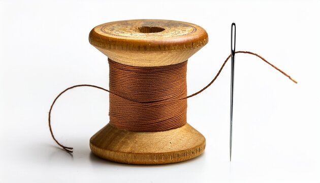 old wooden spool of thread and needle on a white background sewing accessories