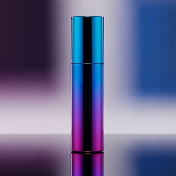 A mockup of a colorful skincare product bottle stands on a reflective surface with a blurred background showcasing its vibrant purple and blue hues in a modern setting.