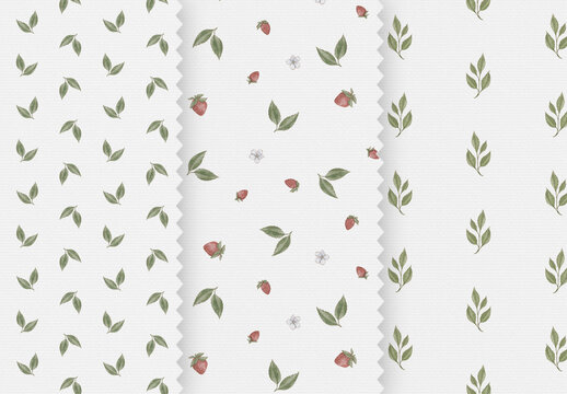 Watercolor Botanical Seamless Pattern Collection with Wild Strawberry and Green Leaves