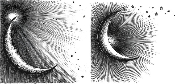 A striking astronomical illustration features a crescent moon with radiant sunburst lines and small stars, rendered in crisp black and white line art against a solid white background