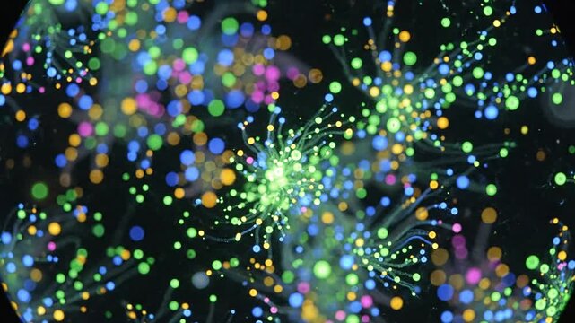 Microscopic view of glowing algae cells and bioluminescent microorganisms in dark water, featuring vibrant green, blue, and yellow light clusters with scientific bokeh effects.