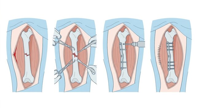 Surgical procedure to repair a fractured long bone with a metal plate