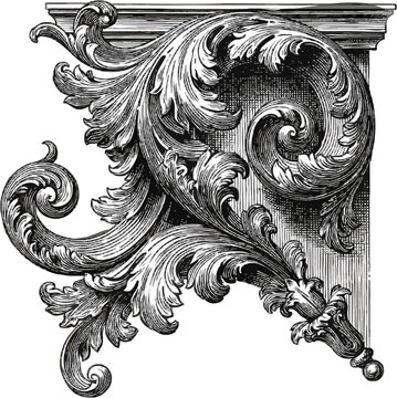 This Victorian corner piece features intricate filigree swirls with traditional book plate etching style, showcasing fine parallel hatching in crisp black and white