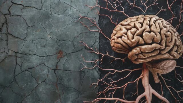 Realistic human brain with branching root-like nerves on cracked textured background, surreal conceptual medical art