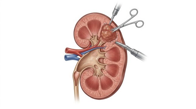 Surgical removal of a kidney tumor using laparoscopic instruments