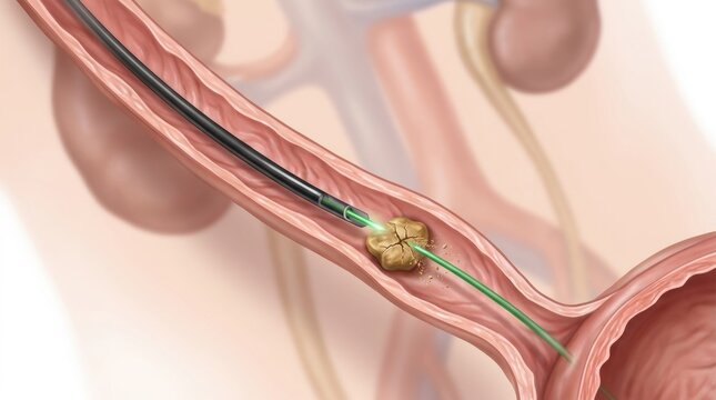 Medical illustration of laser lithotripsy breaking up a kidney stone in the ureter