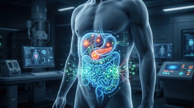 Digital visualization of human digestive system and internal organs in a futuristic medical setting