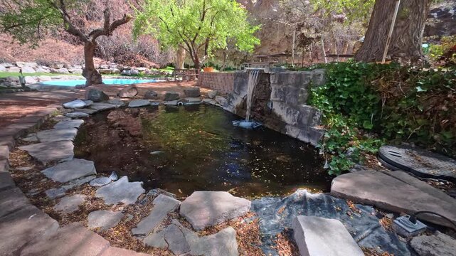 Landscaped pond and waterfall area at Kershaw-Ryan State Park near Caliente, Nevada