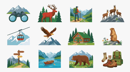 Fototapeta premium Corporate Mountain Adventure and Wildlife Set with Hiking Animals and Gear Icons with high quality professional line art symbols for modern creative design and digital branding projects