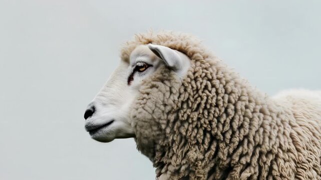 Close-up portrait of a white sheep with thick fleece and a calm expression against a soft pale background
