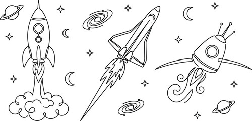 Rocket Spaceship Continuous Line Art Vector Set with Space Shuttles Planets Galaxies Crescent Moons and Cosmic Star Doodles © MDFiroj