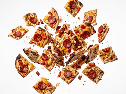 Sliced chorizo tarte flambee pieces spinning in mid-air isolated on white background
