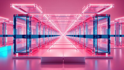 Fototapeta premium Futuristic corridor features glowing neon lights, mirrored walls, sleek platforms. Dramatic perspective creates infinite space illusion.