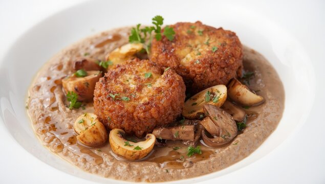 cutlets topped with mushroom sauce and mushrooms