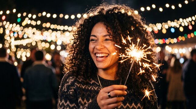 Beautiful young woman with curly hair holding a glowing sparkler while smiling joyfully at a festive outdoor evening party illuminated by bright bokeh lights during a cold winter holiday celebration