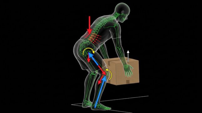 Human anatomy illustration shows correct lifting technique with force vectors