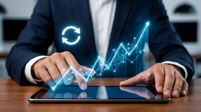 Professional businessman interacting with a digital tablet, visualizing a glowing growth chart, symbolizing successful business strategy, data analysis, and continuous improvement.