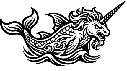 Mythical Sea Creature: Narwhal Unicorn Hybrid with Majestic Mane and Tusk © niamul