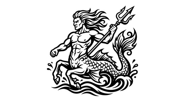 Mythical Sea Creature with Trident, Muscular Merman Holding Weapon, Ocean Mythology