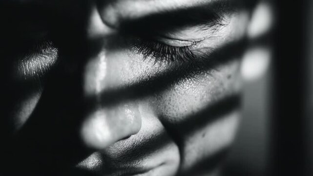 Close up of a man's face with shadows from blinds as he slowly closes his eye in black and white