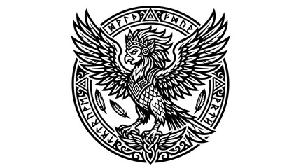 Obraz premium Mythical Griffin Emblem with Norse Runes and Feathers