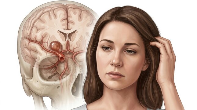 Illustration of a woman with a brain aneurysm, highlighting a vascular abnormality