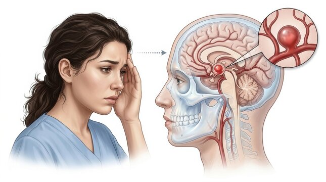 Woman experiencing headache, illustrating brain aneurysm and its location