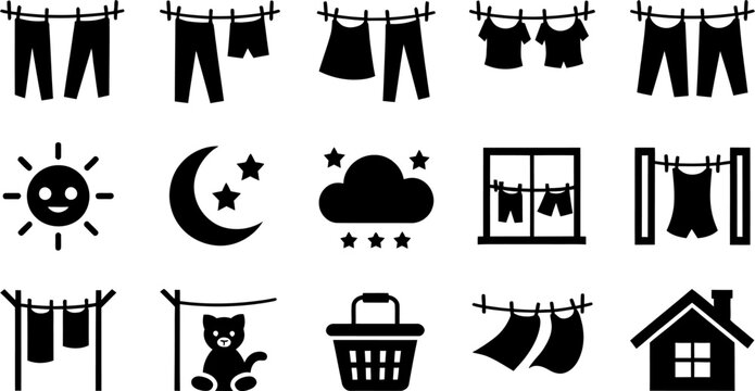 Laundry and weather icons on a white background with transparent background clothesline