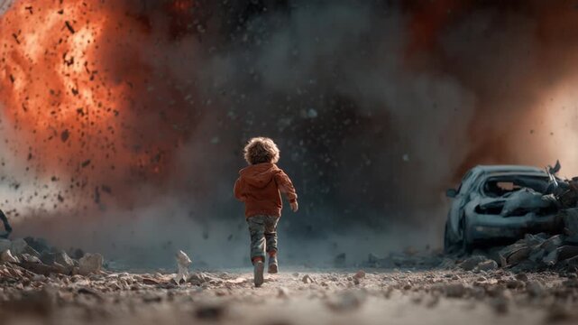 Lonely child running away from a powerful explosion in a destroyed city during wartime