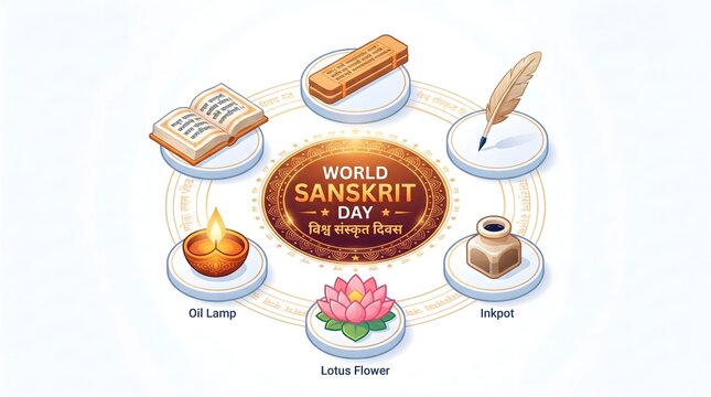 World sanskrit day concept with book, quill, inkpot, lotus, oil lamp, and ancient text.