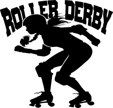 Roller derby girl skater black silhouette, woman inline skating vector illustration isolated on white background