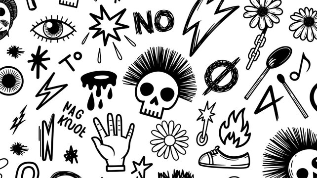 Punk Rock Doodle Icons Skull Eye Lightning Bolt Flower Chain skull, punk, rock, doodle