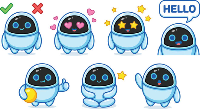 Cute robot emojis, blue cartoon characters, sticker set, vector icons