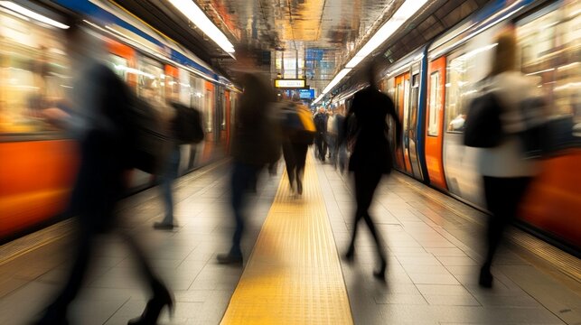 A bustling subway station captures the essence of urban life, with blurred figures commuting as trains arrive and depart, showcasing the fast-paced movement of city living.
