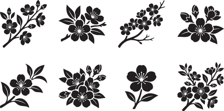 Blooming Cherry Blossom Sakura Branch Twigs Floral Sprout Silhouettes Set Silhouette Design Elements