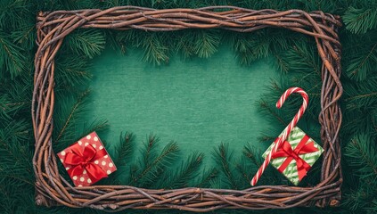 Holiday card, border, backdrop featuring pine needles, wrapped gifts, and a red candy cane. Blank area.
