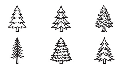 Obraz premium Collection of hand drawn evergreen coniferous tree icons for forest or landscape design projects with evergreen woodland collection illustration botanical landscape monochrome isolated