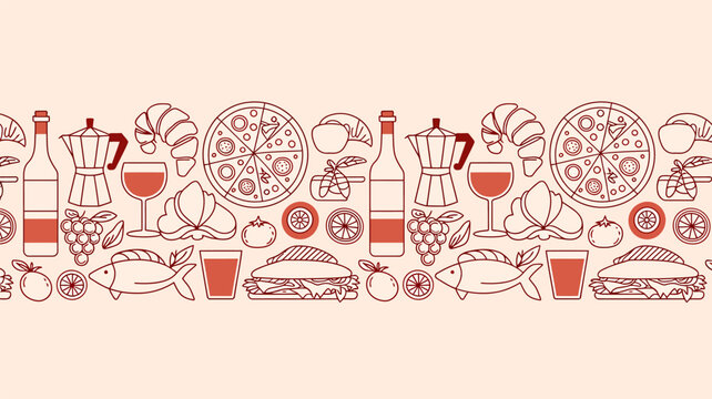 Seamless pattern of Italian food and drink icons in red outline pizza wine
