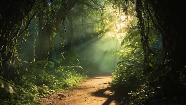 Mysterious jungle path forest tunnel trail with sunlight ray, lush green tropical foliage and plants, mystical nature landscape archway, tranquil woodland escape fantasy light ray atmosphere