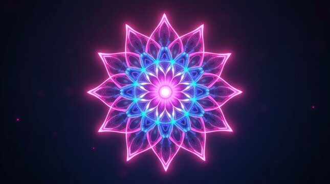 Neon glowing mandala flower shape with blue and pink light lines isolated on white background