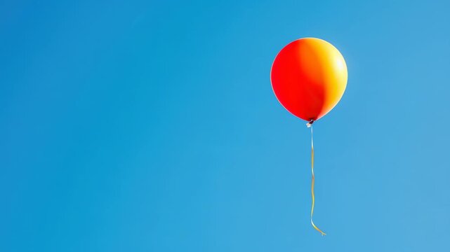 Red and yellow helium balloon floating against a clear blue sky, bright ribbon trailing beneath