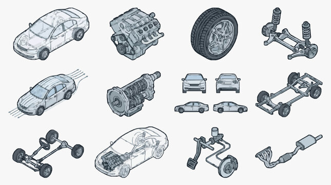 Corporate Set of Detailed Car Components and Vehicle Views in Monochrome Sketch Style with high quality professional line art symbols for modern creative design and digital branding projects
