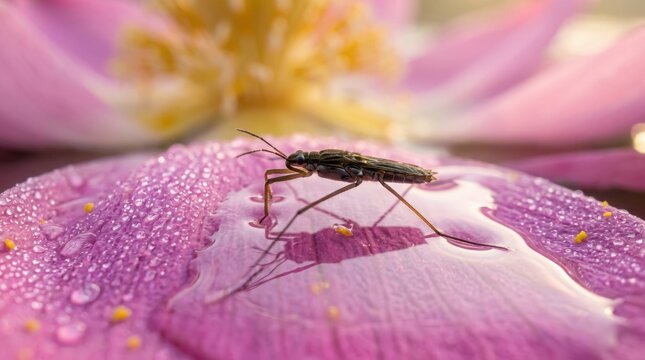 Water strider insect standing on wet pink lotus petal with droplets, wildlife
