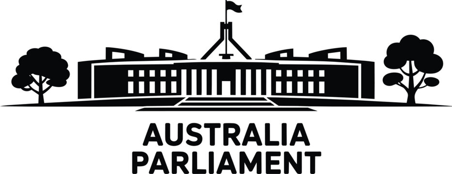 Australian parliament house building silhouette icon, featuring the iconic central spire and surrounding trees in a minimal flat style and landmark