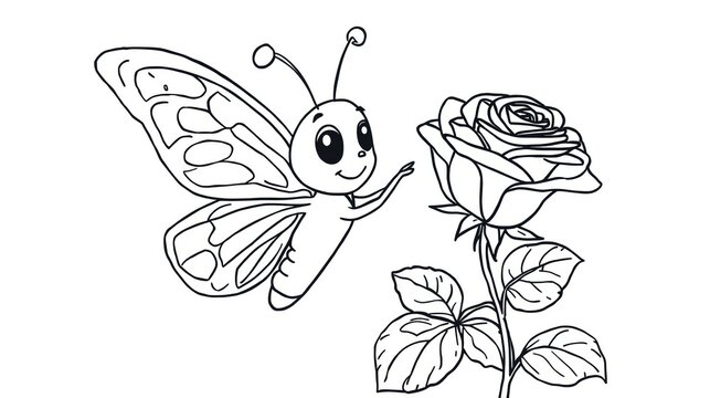 Cute cartoon butterfly flying near a beautiful rose flower sketch isolated on white background