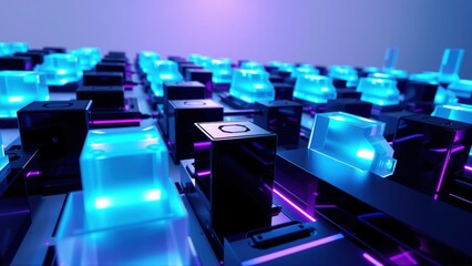Fototapeta premium Futuristic cityscape. Glowing blocks, purple neon lights create digital aesthetic. Dark background emphasizes vibrant illumination. Complex geometry.