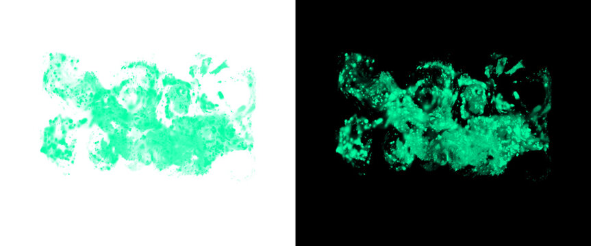 Glowing turquoise bioluminescence texture, vibrant neon green organic splatter on black and white background, abstract fluid light pattern